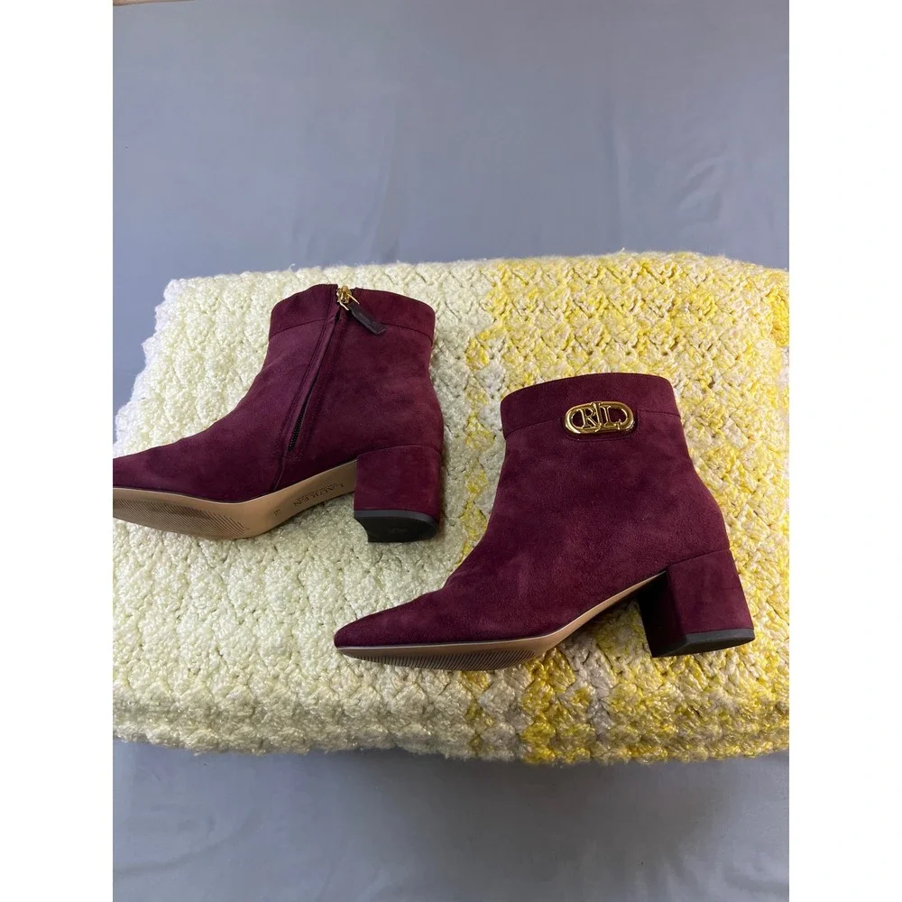 BOHO‎ Ralph Lauren Burgundy Suede Block Heel Ankle Boots Women's Size 7B Wynne